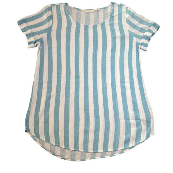 Soft Surroundings Women's Striped Tee Shirt Aqua & White Size Small - Picture 1 of 7